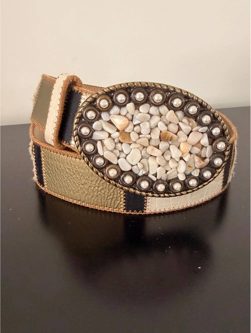 VIntage Elite Accessories Patchwork Belt with Decorative Stone Buckle